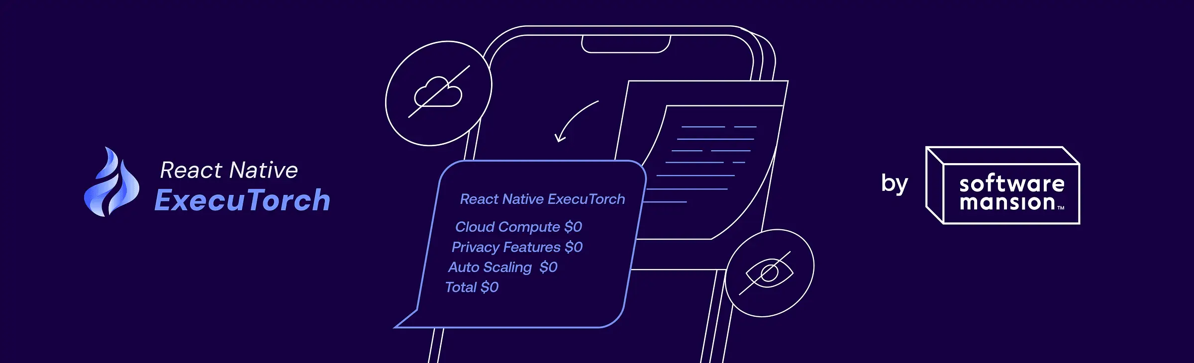 React Native ExecuTorch logo beside a phone bill graphic with crossed-out cloud and eye icons